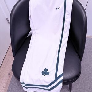 Nike White Track Pants with Dark Green Stripe & Clover Emblem